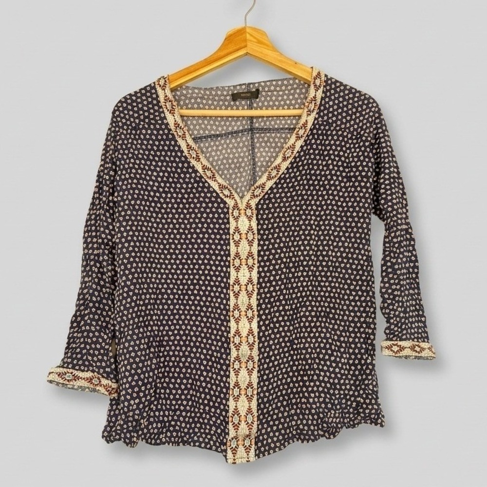 THML Anthropologie Embroidered Blouse Large Navy Peach Boho Peasant Folklore